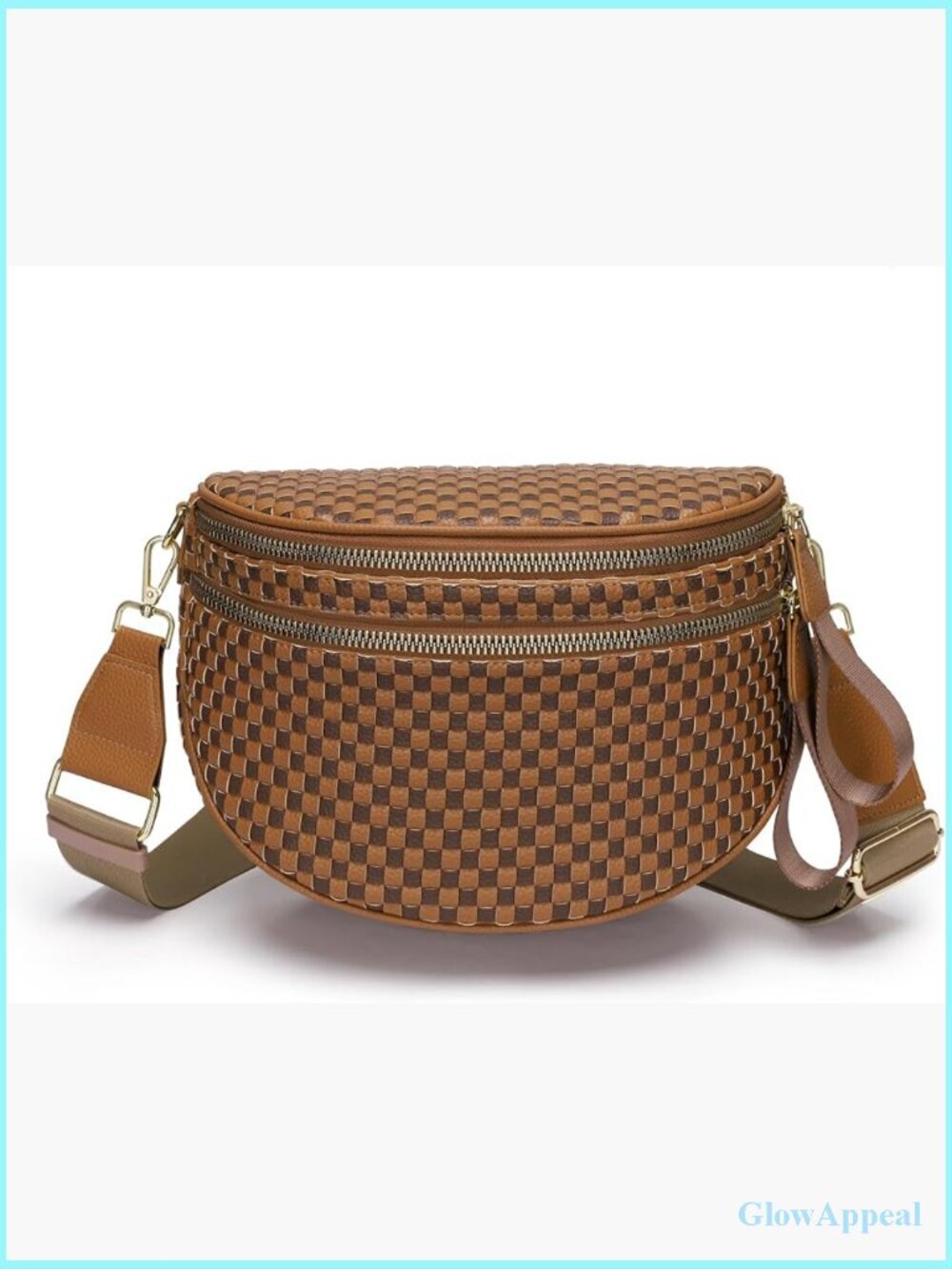 Checkered Woven Crossbody Bum Bag Vegan Leather Double Zip Sling Purse Fanny
